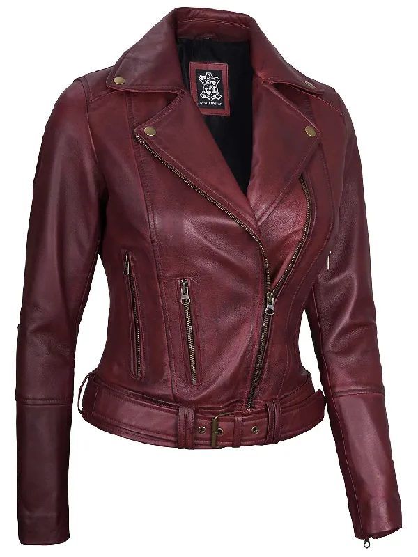 Elisa Womens Maroon Asymmetrical Motorcycle Leather Jacket