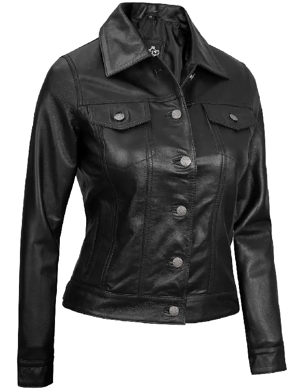 Fernando Women Black Leather Trucker Jacket