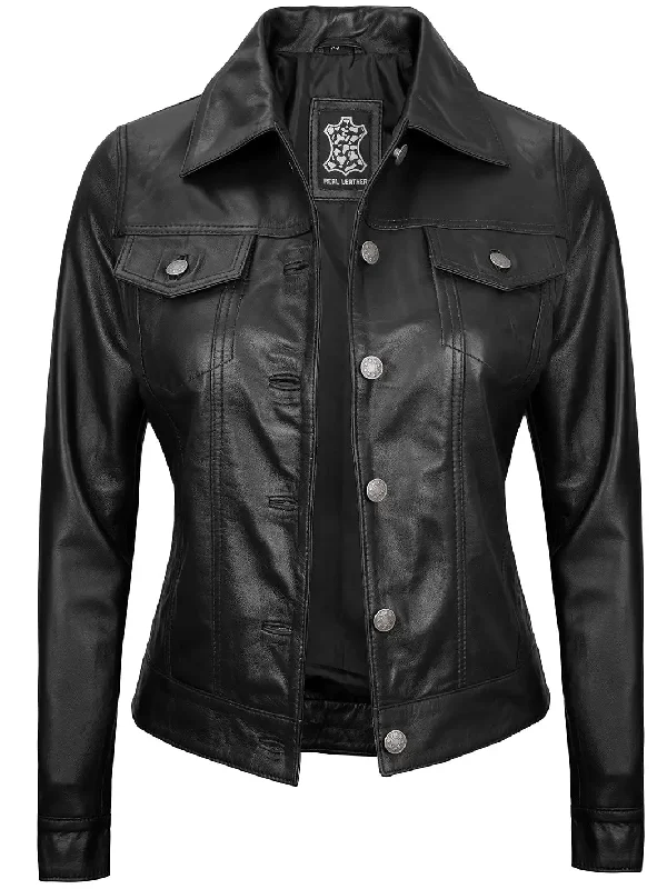 Fernando Women Black Leather Trucker Jacket