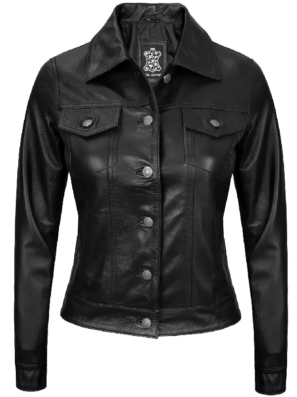 Fernando Women Black Leather Trucker Jacket