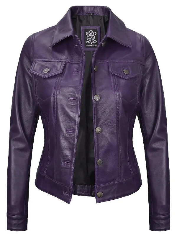 Fernando Women Purple Leather Trucker Jacket