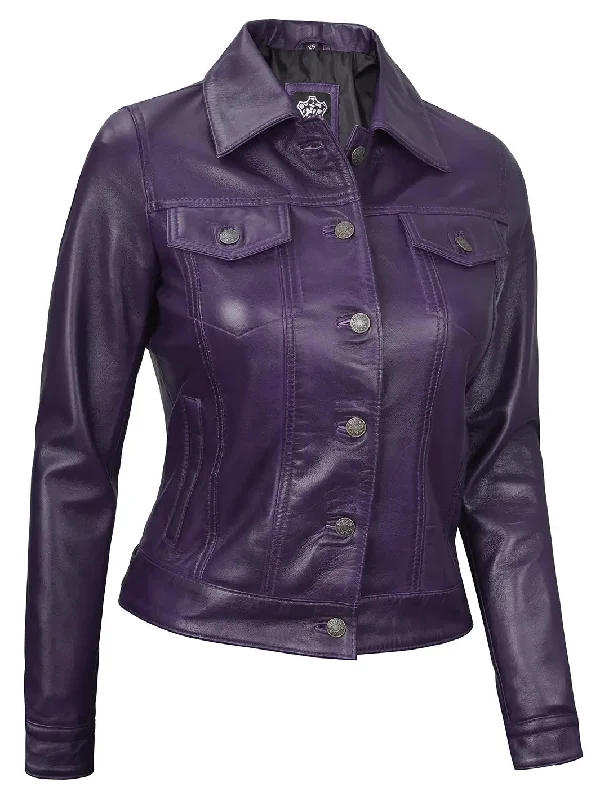 Fernando Women Purple Leather Trucker Jacket