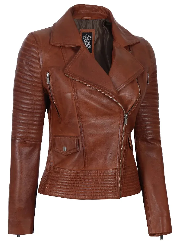 Gal gadot Womens Asymmetrical Cognac Wax Motorcycle Leather Jacket