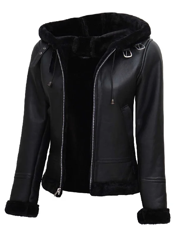 Grace Black Real Leather Hooded Shearling Jacket Women