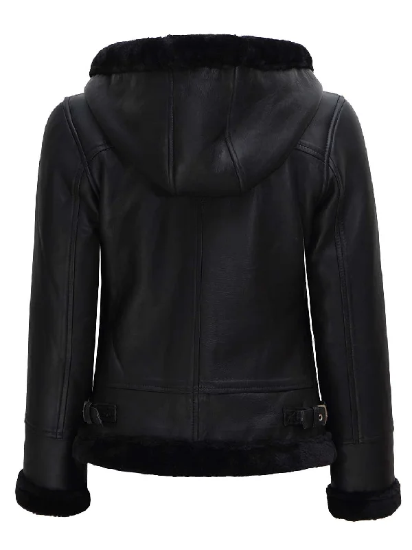 Grace Black Real Leather Hooded Shearling Jacket Women