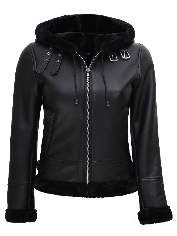 Grace Black Real Leather Hooded Shearling Jacket Women