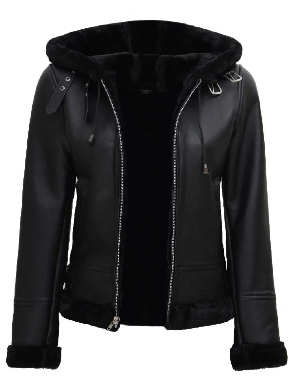 Grace Black Real Leather Hooded Shearling Jacket Women