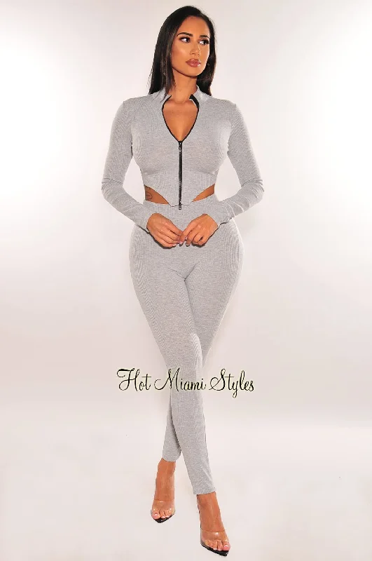 Gray Ribbed Knit Zipper Long Sleeve Pants Two Piece Set