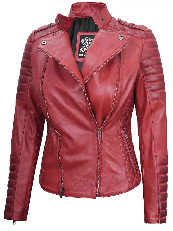 Jennie Womens Asymmetrical Maroon Biker Leather Jacket