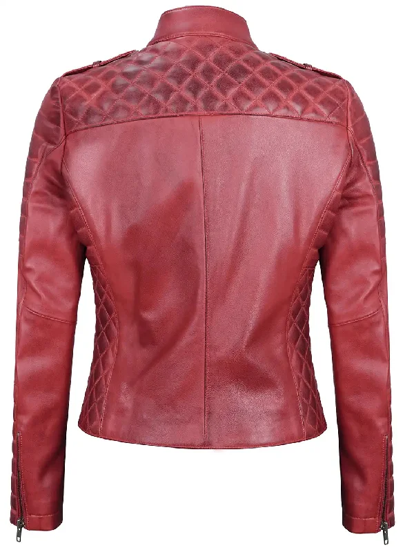 Jennie Womens Asymmetrical Maroon Biker Leather Jacket