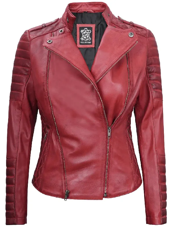 Jennie Womens Asymmetrical Maroon Biker Leather Jacket