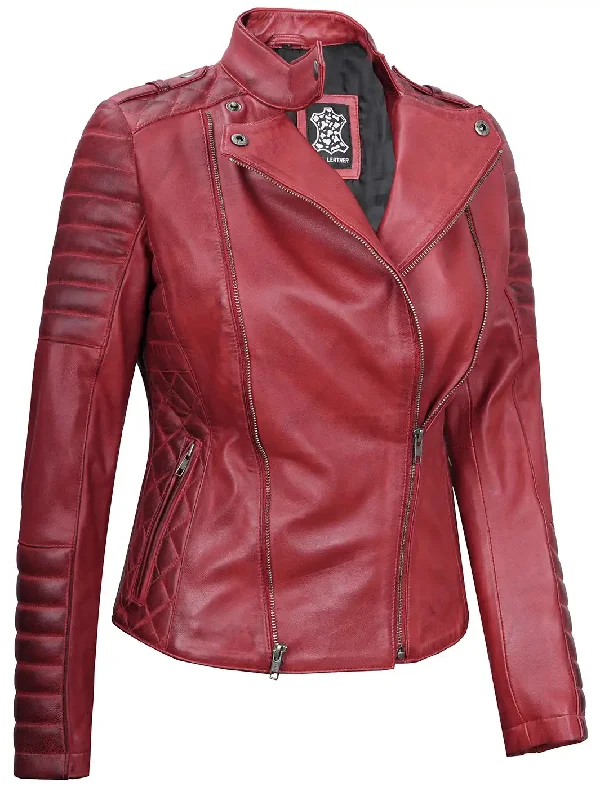 Jennie Womens Asymmetrical Maroon Biker Leather Jacket