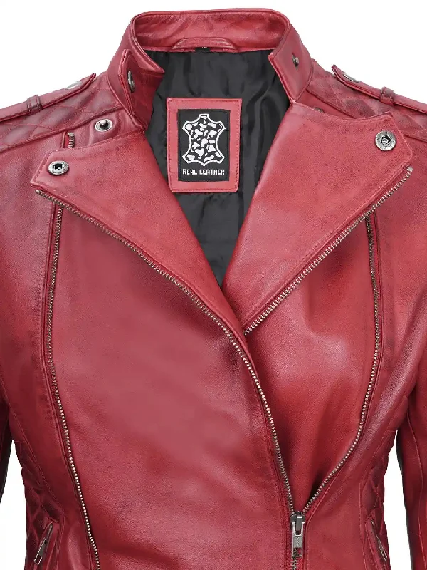 Jennie Womens Asymmetrical Maroon Biker Leather Jacket