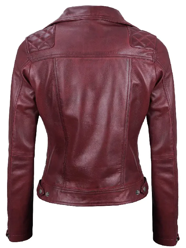 Kimberley Women's Asymmetrical Maroon Quilted Moto Leather Jacket