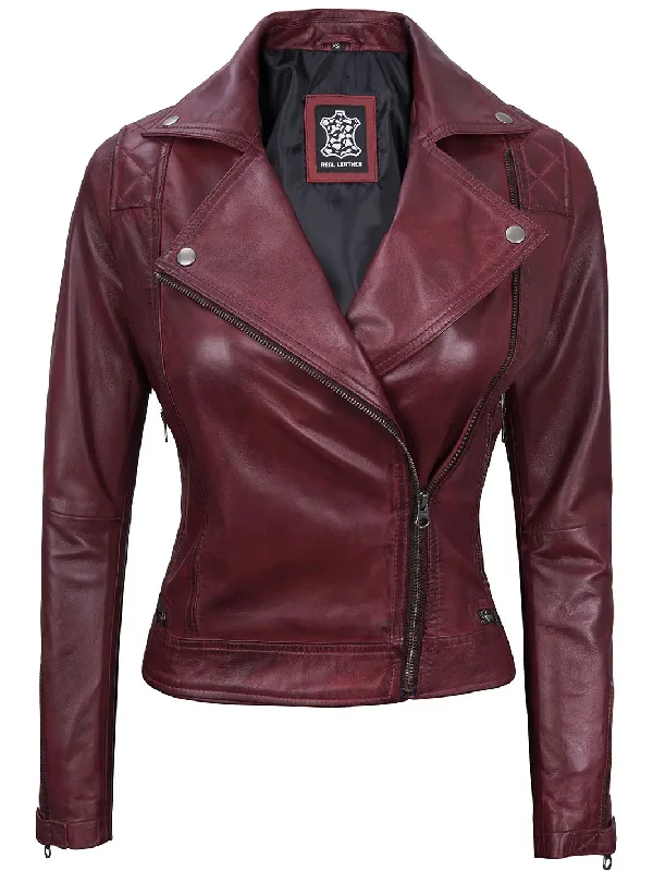 Kimberley Women's Asymmetrical Maroon Quilted Moto Leather Jacket