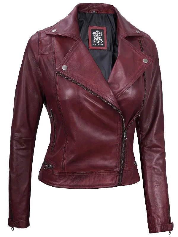 Kimberley Women's Asymmetrical Maroon Quilted Moto Leather Jacket