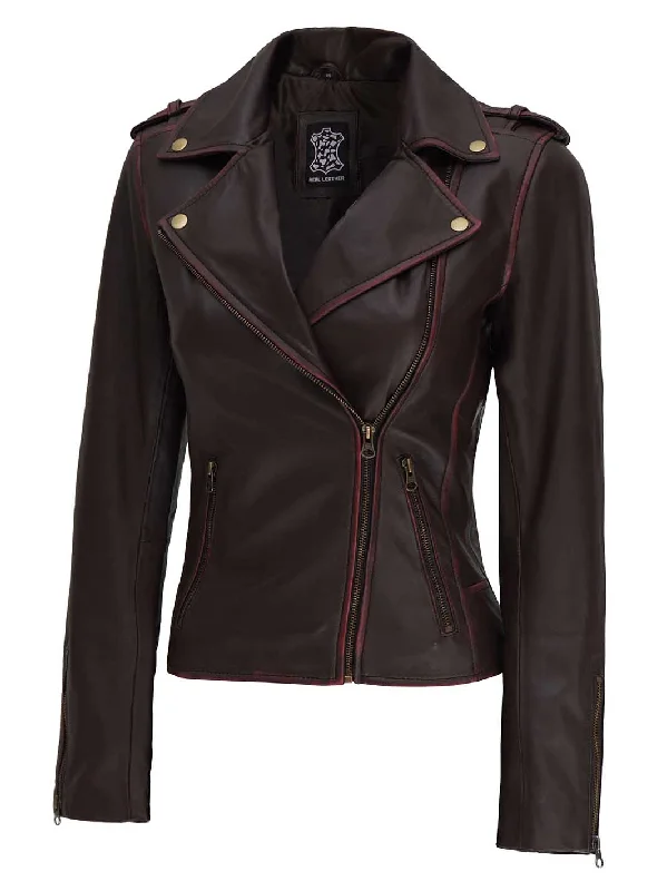 Kirsten Womens Dark Brown Asymmetrical Leather Biker Jacket