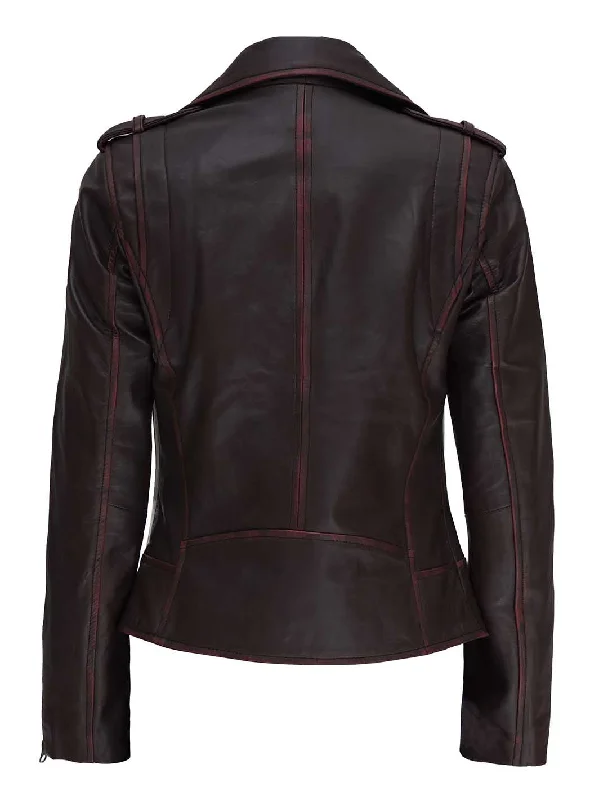 Kirsten Womens Dark Brown Asymmetrical Leather Biker Jacket