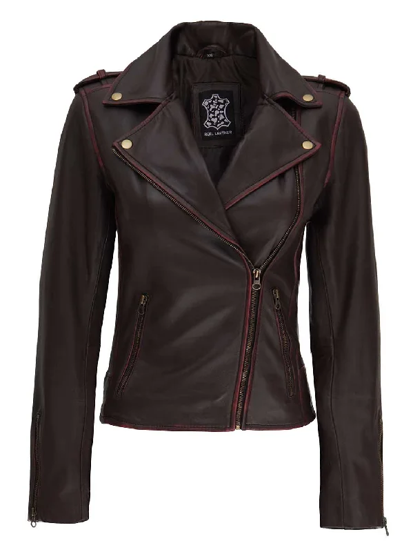 Kirsten Womens Dark Brown Asymmetrical Leather Biker Jacket