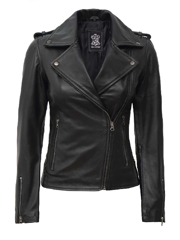 Kirsten Women's Black Asymmetrical Leather Motorcycle Jacket