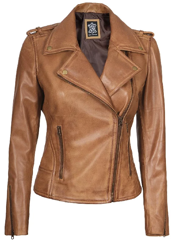 Kirsten Womens Asymmetrical Camel Brown Leather Jacket