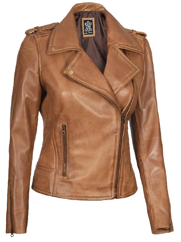 Kirsten Womens Asymmetrical Camel Brown Leather Jacket