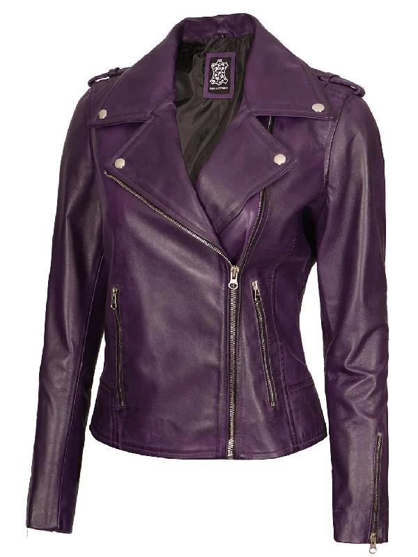 Kirsten Women's Asymmetrical Cafe Racer Purple Leather Jacket