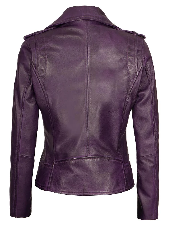 Kirsten Women's Asymmetrical Cafe Racer Purple Leather Jacket