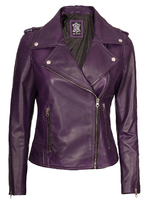 Kirsten Women's Asymmetrical Cafe Racer Purple Leather Jacket