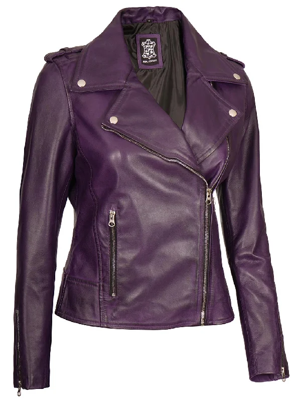 Kirsten Women's Asymmetrical Cafe Racer Purple Leather Jacket