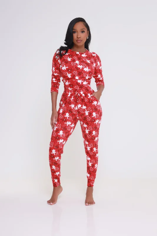 Let It Snow Printed Pajama Set - Red/White