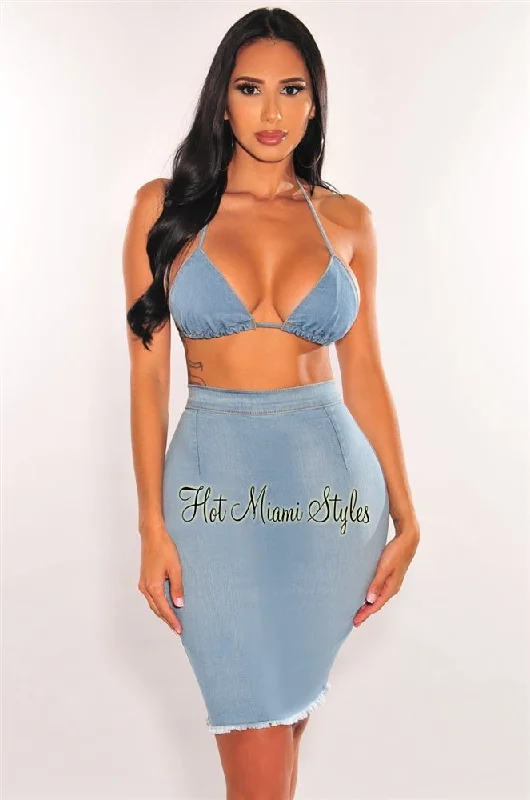 Light Denim Halter Triangle Top Frayed Skirt Two Piece Set