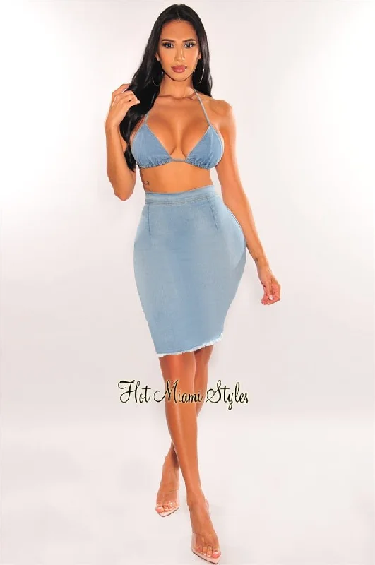 light-denim-halter-triangle-top-frayed-skirt-two-piece-set