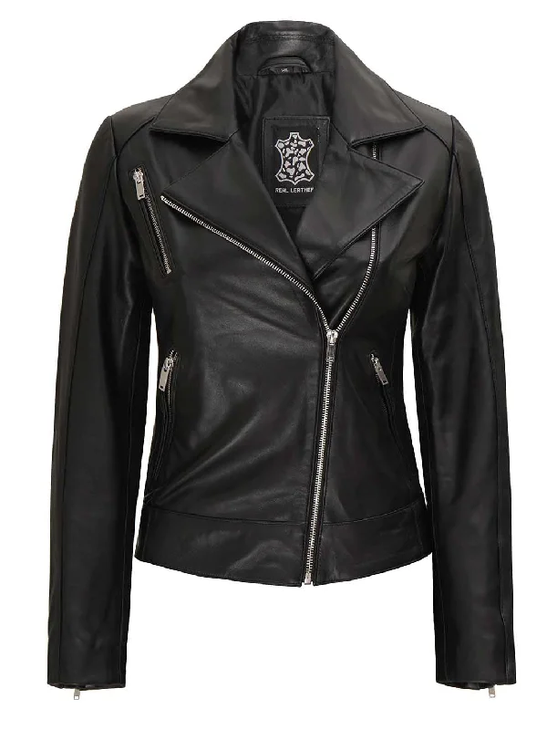 Linda Women's Black Asymmetrical Cafe Racer Leather Jacket