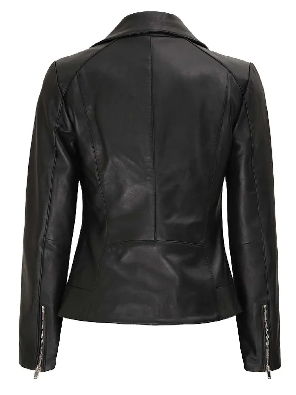 Linda Women's Black Asymmetrical Cafe Racer Leather Jacket