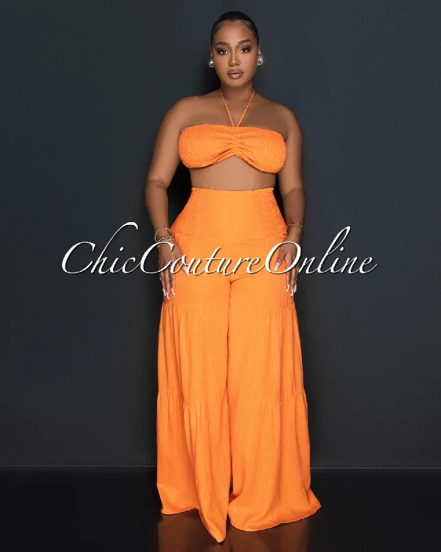 lula-orange-halter-smocked-crop-top-linen-wide-pants-set