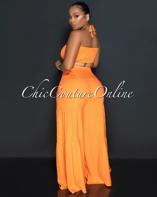 lula-orange-halter-smocked-crop-top-linen-wide-pants-set