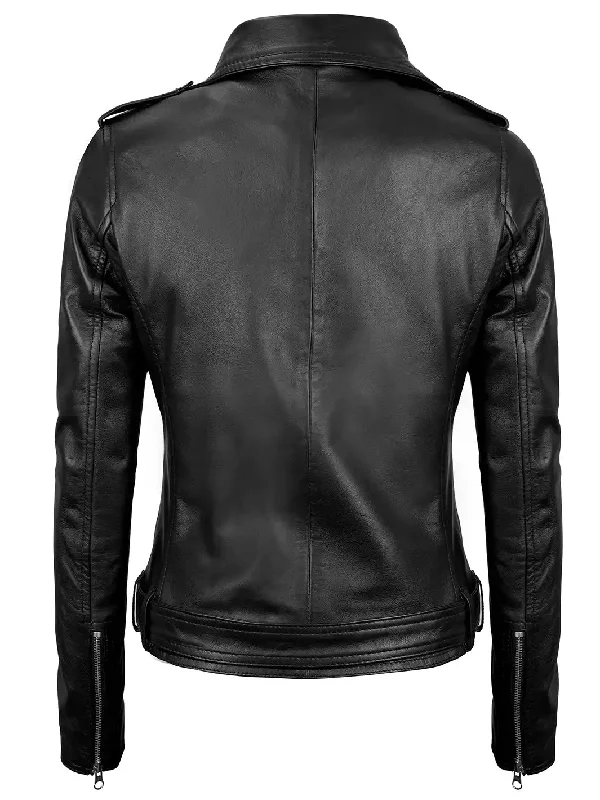 Marcella Womens Black Asymmetrical Cafe Racer Leather Jacket