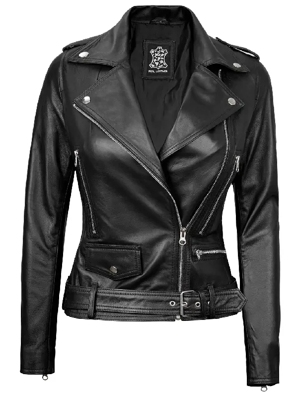 Marcella Womens Black Asymmetrical Cafe Racer Leather Jacket