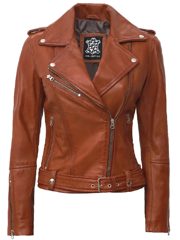 Margaret Womens Cognac Asymmetrical Biker Leather Jacket