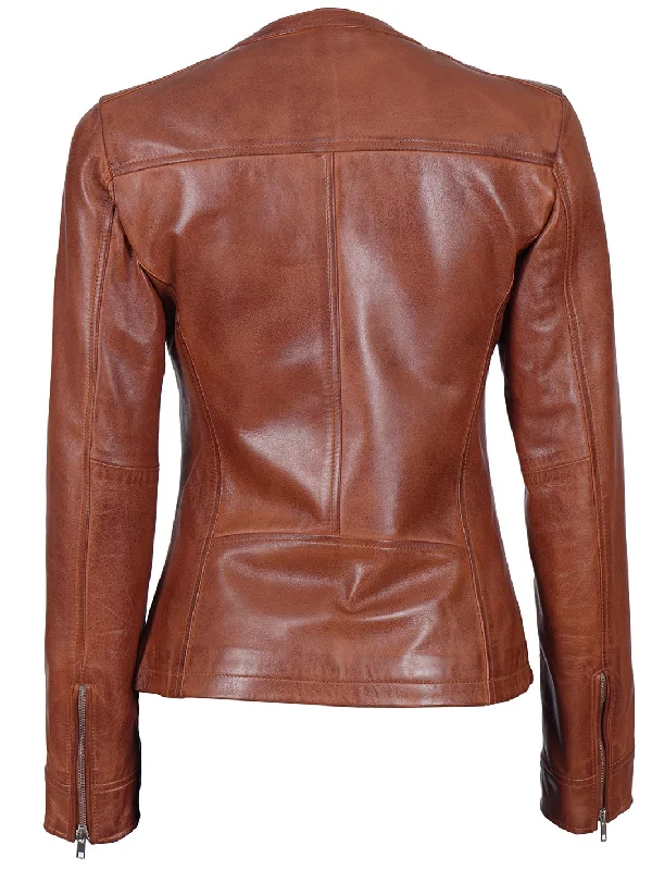 Maude Women Brown Textured Leather Biker Jacket