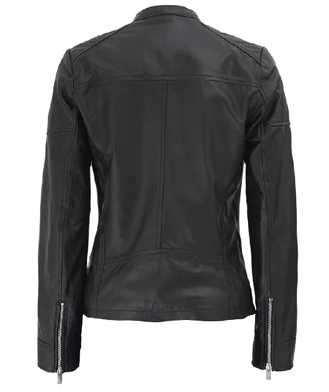 Maude Women's Black Textured Cafe Racer Leather Jacket