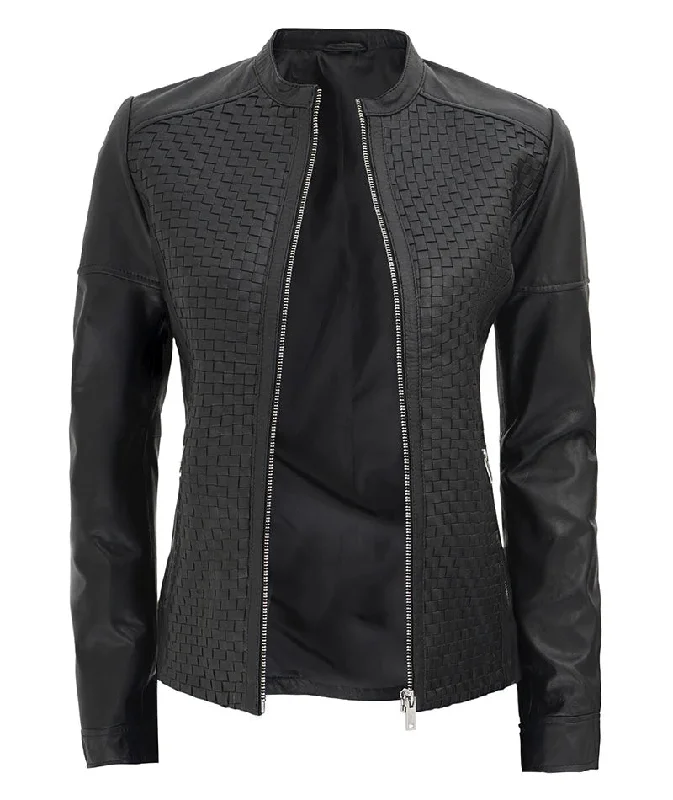 Maude Women's Black Textured Cafe Racer Leather Jacket