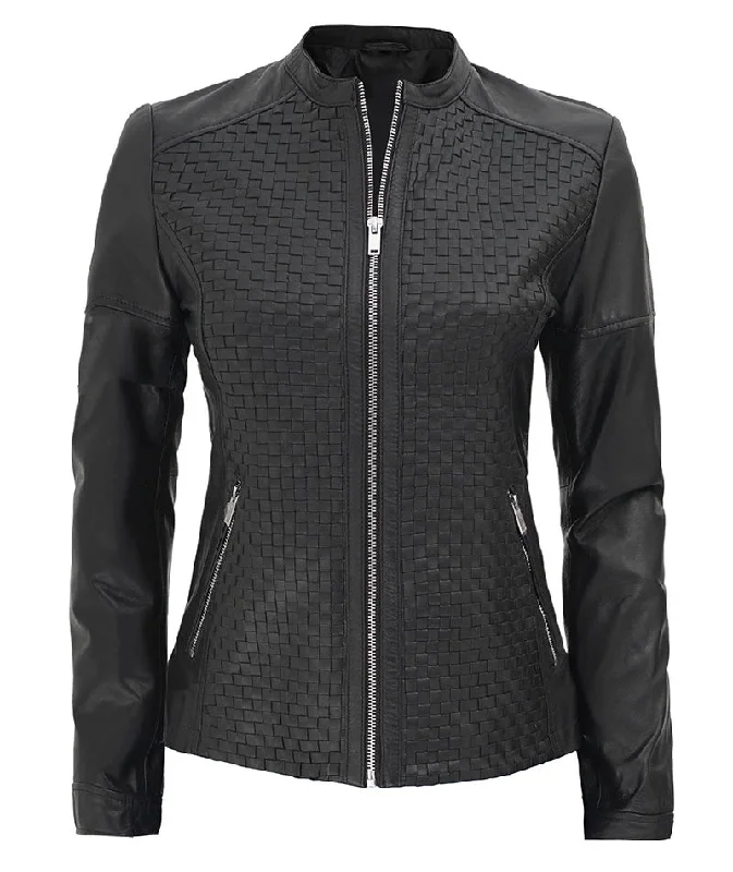 Maude Women's Black Textured Cafe Racer Leather Jacket