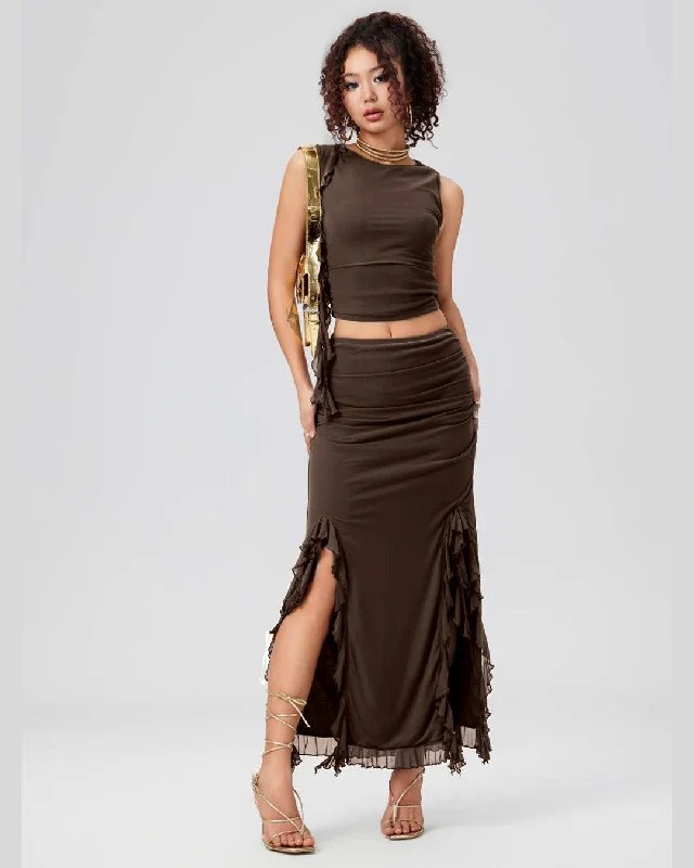 Mesh Ruffle Tank Top & Split Ruched Maxi Dress In Coco Brown