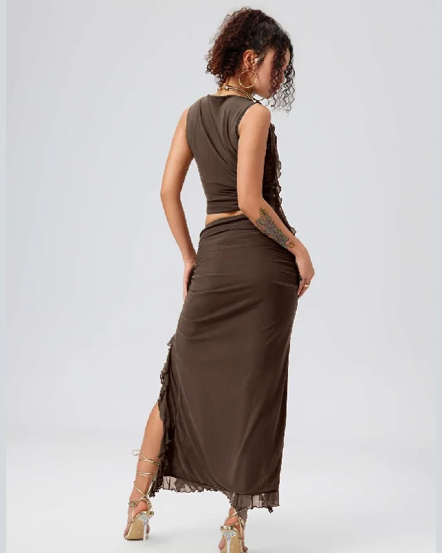 mesh-ruffle-tank-top-split-ruched-maxi-dress-in-coco-brown