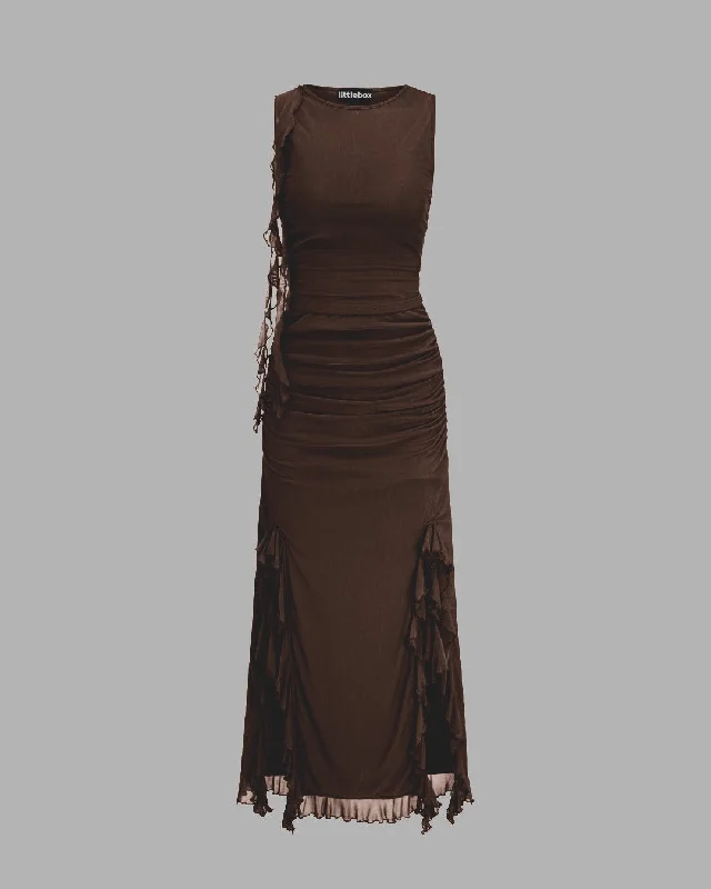 mesh-ruffle-tank-top-split-ruched-maxi-dress-in-coco-brown