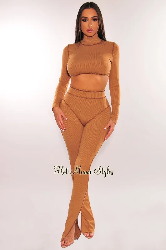 Mocha Exposed Seams Long Sleeve Flare Pant Two Piece Set