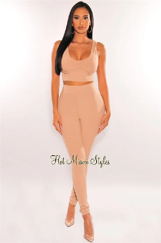 Mocha Ribbed Tank Bustier High Waist Pants Two Piece Set