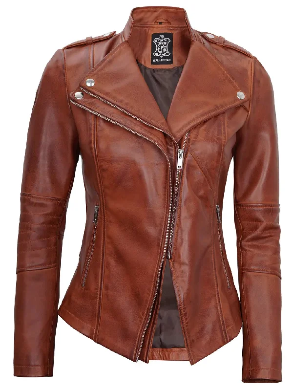 Monica Womens Cognac Asymmetrical Cafe Racer Leather Jacket